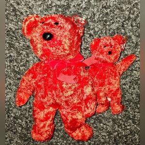 "Sizzle" Red Teddy Bear Beanie Baby and Beanie Buddy - 2 Lot